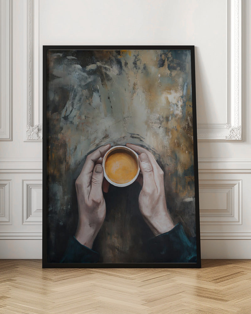 An overhead view painting of two hands cupping a small white mug filled with coffee against a textured, abstract background of brown and grey tones. The artwork is presented in a simple black frame. Print