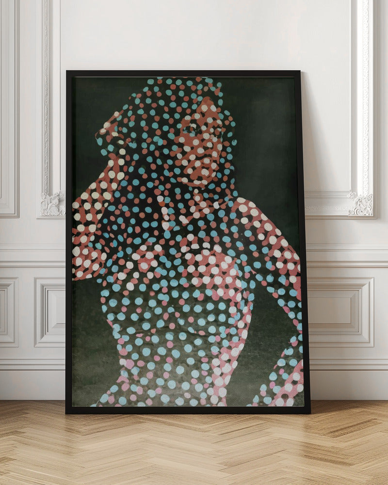 A modern pop art portrait of a person, where their silhouette is filled with a dense pattern of red, light blue, and white dots against a solid dark background, creating a fragmented and stylized image. Decor