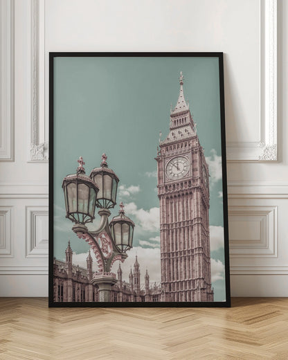 A stylized, low-angle photograph of Big Ben in London, with an ornate Victorian lamppost in the foreground. The image is color-graded with a pale teal sky and pink-toned architecture, creating a vintage, dreamy aesthetic. Wall Art