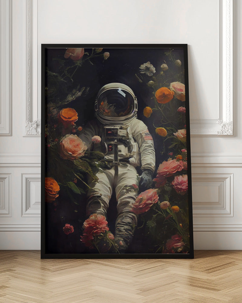 A painterly artwork of an astronaut in a white spacesuit floating in the dark void of space, surrounded by an abundance of vibrant pink, orange, and white flowers that bloom around them. Wall Art