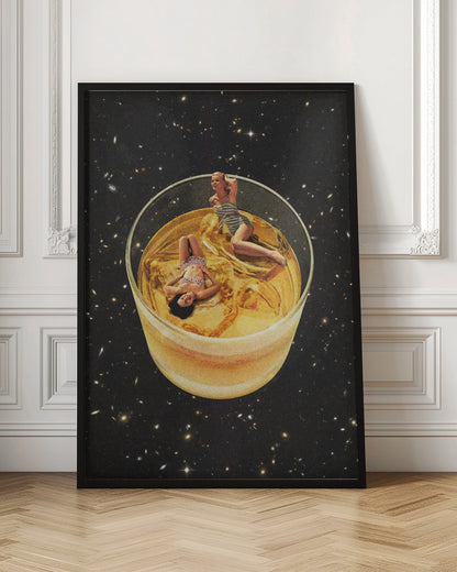 A surreal collage featuring two women in vintage swimsuits lounging in a large glass of golden liquid, floating in the middle of a starry outer space. Decor