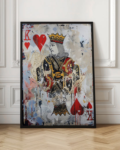 A modern abstract painting featuring the King of Hearts playing card. The artwork has a distressed, layered look with paint splatters, drips, and torn paper effects on a white and beige background. The king figure is centrally located, with red hearts and the letter 'K' in the corners. Artwork