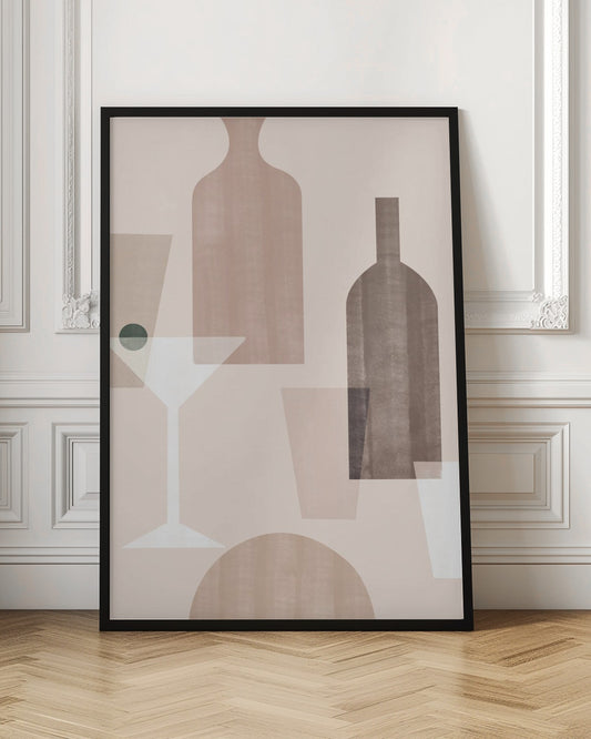 An abstract still life artwork featuring overlapping, translucent shapes of bottles and glasses in a muted palette of brown, beige, and dusty pink. A stylized white martini glass with a dark green olive stands out against the soft-colored background. Poster