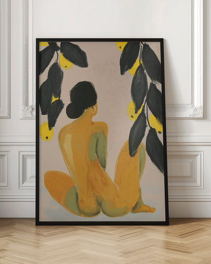 A painterly illustration of a seated nude figure seen from the back, with their body rendered in shades of yellow and green. They have black hair in a bun and a gold hoop earring. Lemon tree branches with dark green leaves and bright yellow lemons frame the top of the composition against a pale beige background. Decor