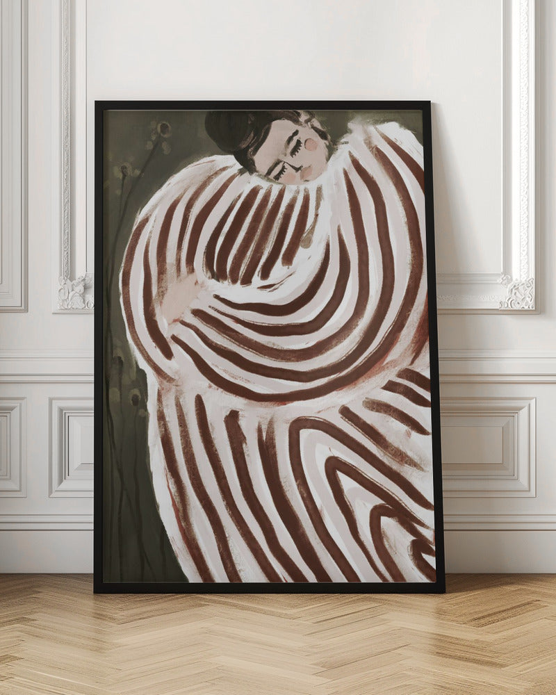 A stylized painting of a person with their eyes closed, resting their head on their shoulder. They are wrapped in a large, voluminous garment with bold, swirling brown and off-white stripes against a dark, muted green background. Decor