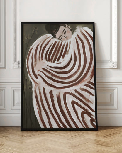 A stylized painting of a person with their eyes closed, resting their head on their shoulder. They are wrapped in a large, voluminous garment with bold, swirling brown and off-white stripes against a dark, muted green background. Decor