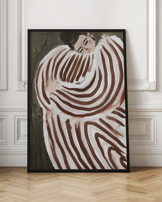 A stylized painting of a person with their eyes closed, resting their head on their shoulder. They are wrapped in a large, voluminous garment with bold, swirling brown and off-white stripes against a dark, muted green background. Decor