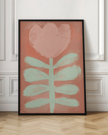 A stylized painting of a single flower with a large, heart-shaped pink blossom and a pale green stem with leaves, set against a textured coral background and framed in black. Poster