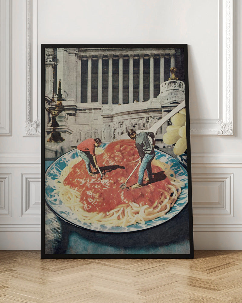 A surreal vintage collage depicting two miniature men using garden tools, like a rake and a hoe, to work on a giant plate of spaghetti with red sauce, set against the backdrop of a classical Roman building. Artwork