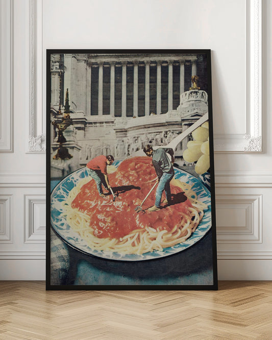 A surreal vintage collage depicting two miniature men using garden tools, like a rake and a hoe, to work on a giant plate of spaghetti with red sauce, set against the backdrop of a classical Roman building. Artwork