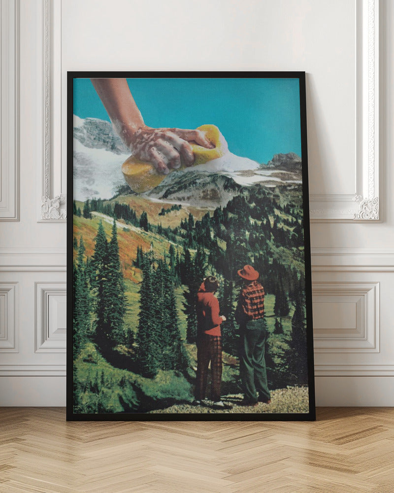 A surrealist collage featuring two people in vintage attire standing in a lush, green mountain landscape. Above them, a giant, soapy hand emerges from the top of the frame, washing the snow-capped mountain peaks with a yellow sponge against a bright blue sky. Print