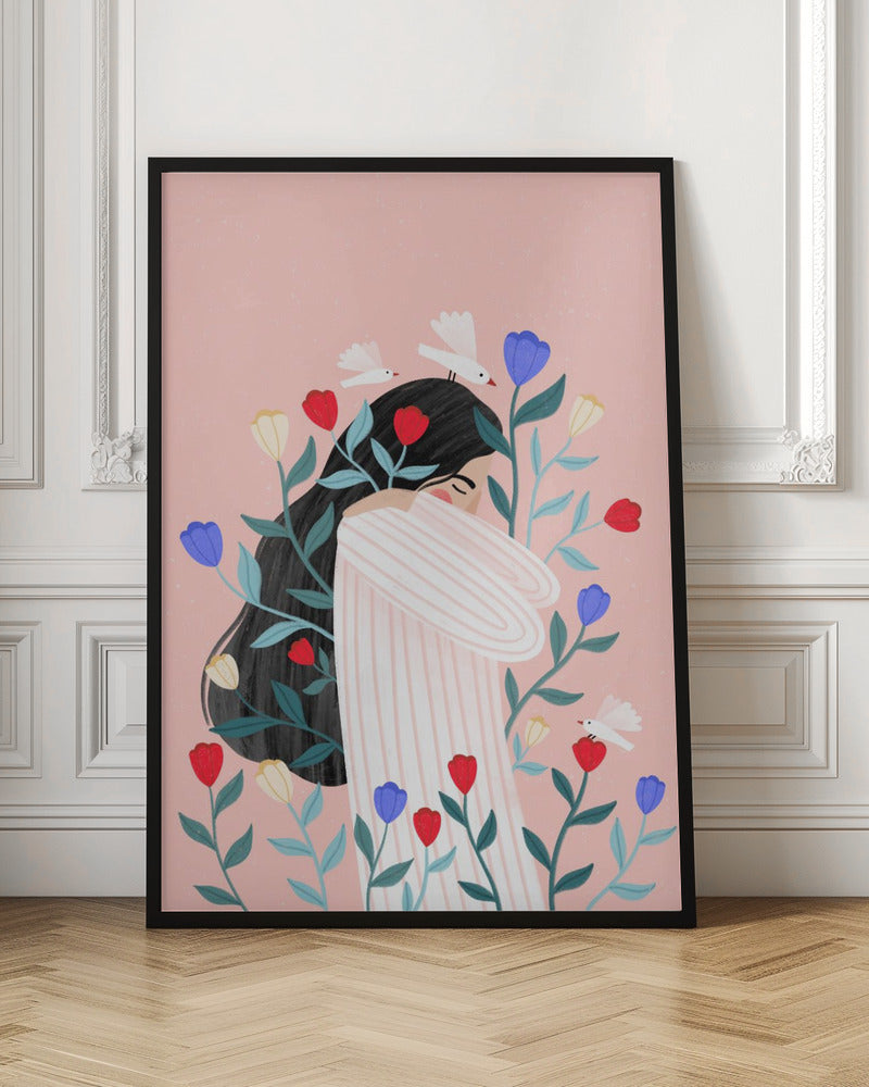 An illustration of a woman with long black hair hugging herself with closed eyes, surrounded by red, blue, and yellow flowers and small white birds against a soft pink background. Poster