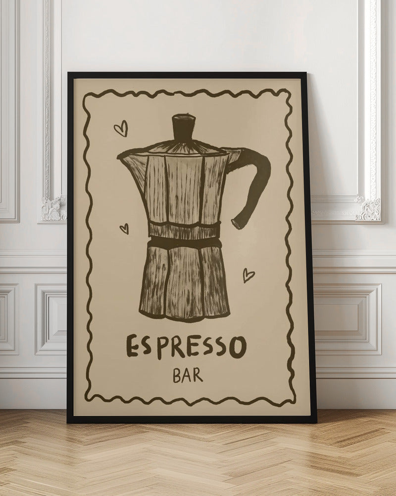 A vintage-style art print featuring a hand-drawn illustration of a moka pot in brown on a beige background. The poster has a decorative wavy border, small hearts around the coffee pot, and text below that reads 'ESPRESSO BAR'. The entire piece is enclosed in a simple black frame. Wall Art