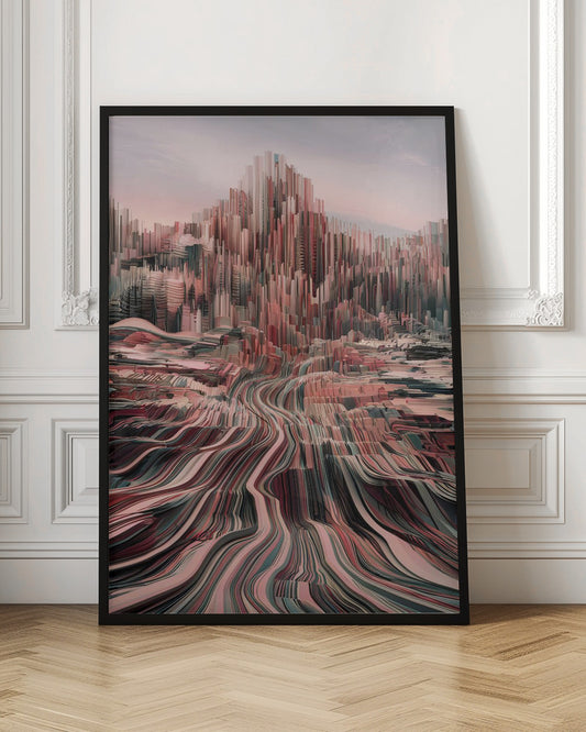 An abstract art print depicting a city skyline with geometric shapes and a modern color palette. Poster