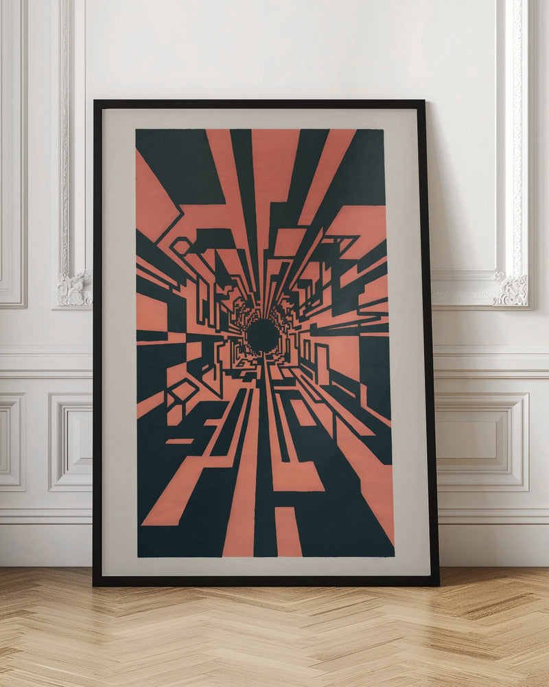 A high-contrast abstract artwork in coral pink and black, depicting a one-point perspective view down a complex geometric tunnel. Angular, blocky shapes create a futuristic corridor that recedes into a dark, circular vanishing point in the center, giving a strong sense of depth and motion. The piece is matted in white and framed in black. Print