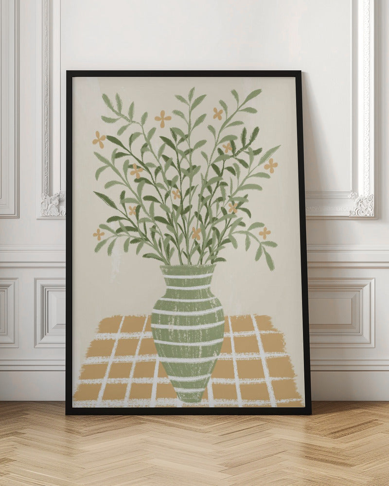 A stylized painting of a green vase with white horizontal stripes, filled with a large bouquet of leafy green stems and small orange flowers. The vase sits on a gold and white checkered tablecloth against a solid beige background. Poster