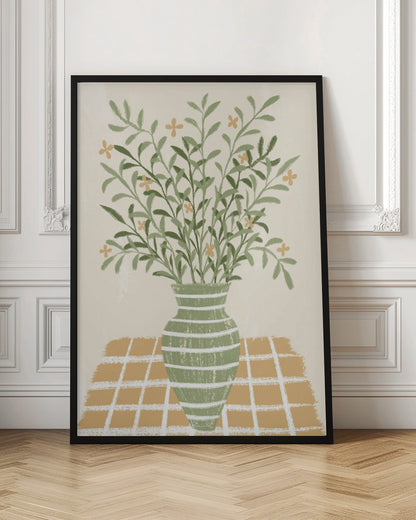 A stylized painting of a green vase with white horizontal stripes, filled with a large bouquet of leafy green stems and small orange flowers. The vase sits on a gold and white checkered tablecloth against a solid beige background. Poster