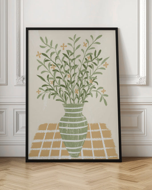 A stylized painting of a green vase with white horizontal stripes, filled with a large bouquet of leafy green stems and small orange flowers. The vase sits on a gold and white checkered tablecloth against a solid beige background. Poster
