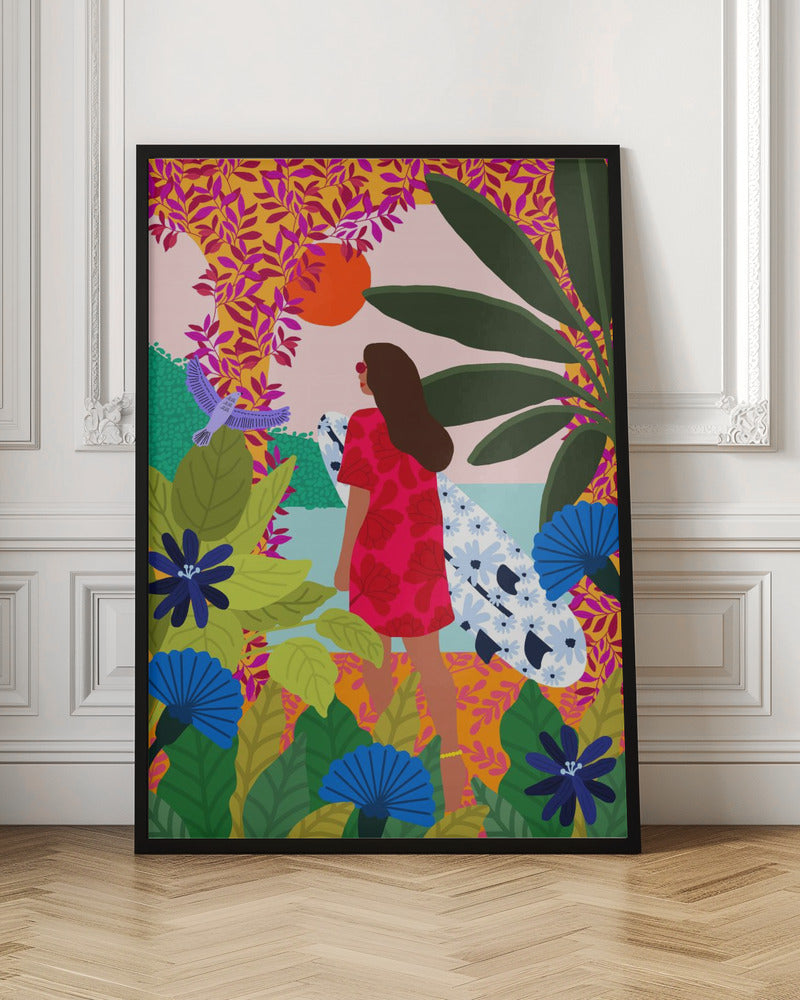 A vibrant, colorful illustration of a woman in a red dress carrying a floral surfboard, walking through a lush tropical jungle towards the ocean under a setting orange sun. Wall Art