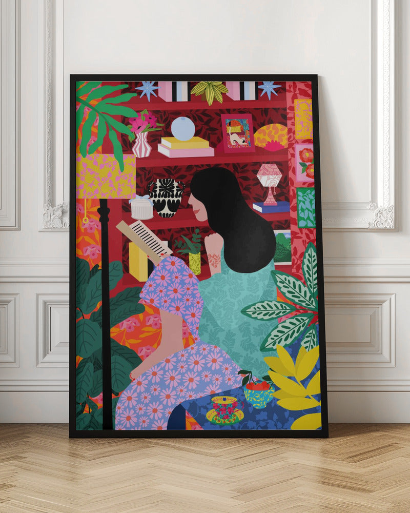 A colorful, maximalist illustration of a woman with long black hair sitting comfortably while reading a book. She is surrounded by lush green plants and a vibrant red bookshelf filled with decorative items, creating a cozy and eclectic atmosphere. Print