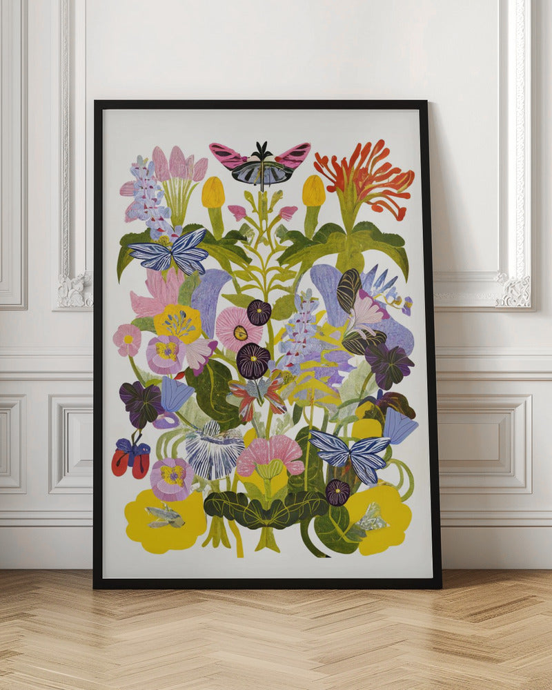 A vibrant, symmetrical collage-style artwork depicting a dense bouquet of colorful flowers and butterflies against a white background, enclosed in a black frame. The composition features a variety of stylized flowers in shades of pink, yellow, purple, and blue, with several blue and pink butterflies interspersed among the green foliage. Decor