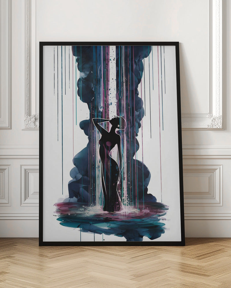 An abstract art piece featuring the black silhouette of an elegant woman standing in a pool of colorful watercolor. A large plume of dark blue smoke rises behind her, intersected by a bright white column of light and vibrant streaks of magenta and teal rain. Artwork
