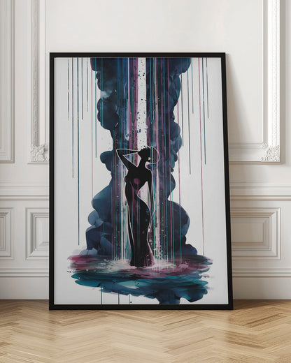 An abstract art piece featuring the black silhouette of an elegant woman standing in a pool of colorful watercolor. A large plume of dark blue smoke rises behind her, intersected by a bright white column of light and vibrant streaks of magenta and teal rain. Artwork