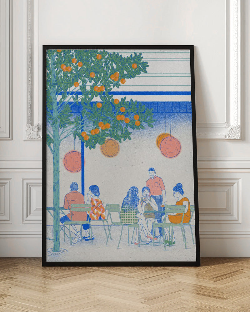 A stylized illustration of people relaxing at an outdoor cafe under a large orange tree. The scene is rendered in a limited color palette of blue, green, and orange, with a grainy texture. Several figures are seated at green chairs around tables, while round lanterns hang from the tree branches above. Wall Art