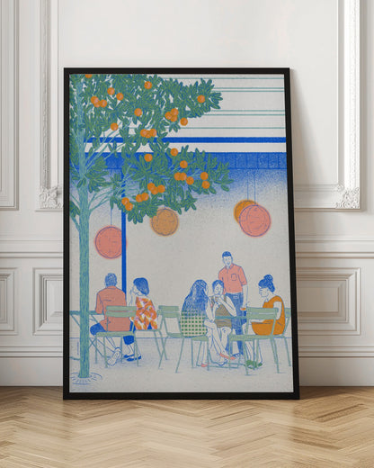 A stylized illustration of people relaxing at an outdoor cafe under a large orange tree. The scene is rendered in a limited color palette of blue, green, and orange, with a grainy texture. Several figures are seated at green chairs around tables, while round lanterns hang from the tree branches above. Wall Art
