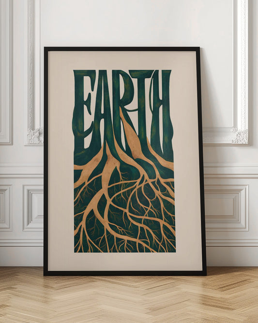An illustrative art print featuring the word 'EARTH' in large, dark green, stylized letters. The letters seamlessly transform into tree trunks, with an intricate network of golden-brown roots extending downwards, all set against a cream-colored background and framed in black. Artwork