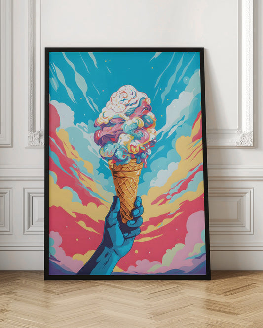 A vibrant, pop-art style illustration of a blue-skinned hand holding up a waffle cone piled high with swirling, multi-colored ice cream against a dynamic sky of colorful clouds in shades of blue, pink, and yellow. Decor