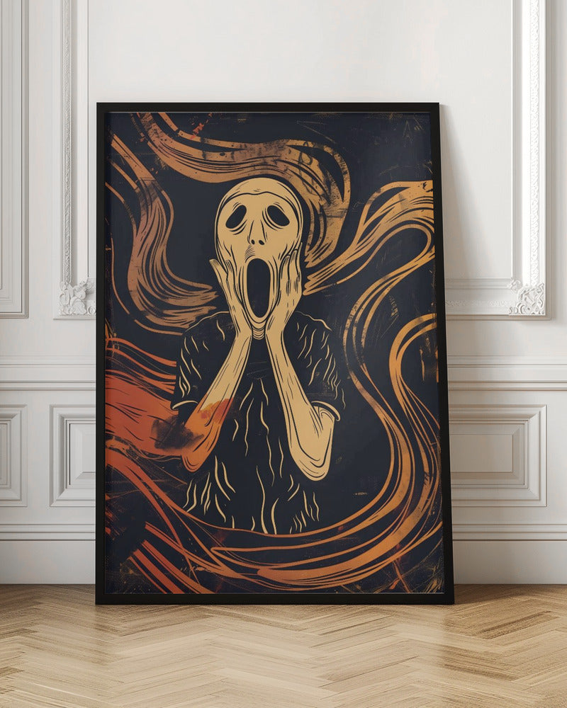 A graphic art interpretation of Edvard Munch's 'The Scream', featuring a stylized, pale figure with its hands on its cheeks and mouth agape. The background is dark navy blue with dynamic, swirling orange and yellow lines that convey a sense of turmoil and anxiety. Poster