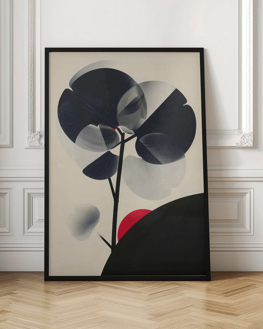 A modern abstract artwork in a black frame featuring a stylized black tree against a cream background. The tree has large, overlapping leaves in solid black and stippled gray, creating a sense of transparency. A bold red circle, like a sun, rises behind a black silhouetted hill in the bottom right corner. Wall Art