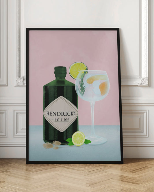 A stylized illustration of a bottle of Hendrick's Gin next to a gin and tonic in a balloon glass. The scene is set against a pink background, with the drink garnished with lime and rosemary, and a lime half resting on the light blue table. Decor