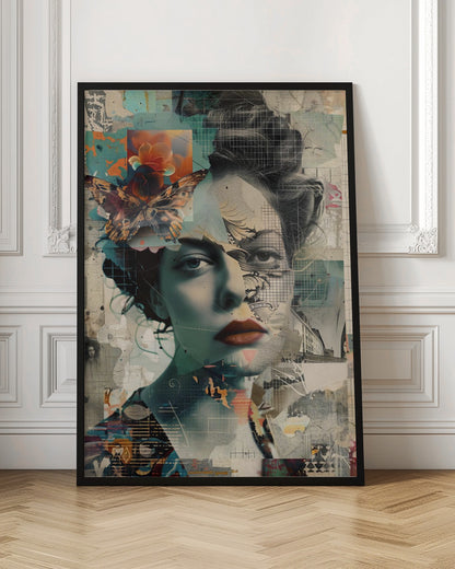 A framed abstract collage featuring the fragmented portrait of a woman. Her face is overlaid with grid patterns, torn paper textures, and illustrations. A large, detailed butterfly and a vibrant orange flower are placed near her left temple. The overall composition is a complex layering of architectural sketches, abstract shapes, and muted tones of teal, beige, and black, with a pop of red on the woman's lips. Artwork