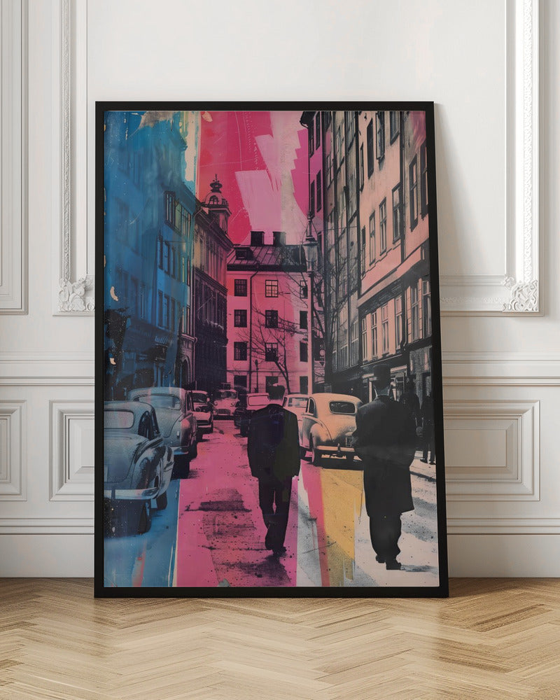 A pop art style image of a vintage city street, featuring two men in dark suits walking away from the camera. The scene is overlaid with bold vertical stripes of vibrant pink and blue, contrasting with the retro cars and architecture. Decor