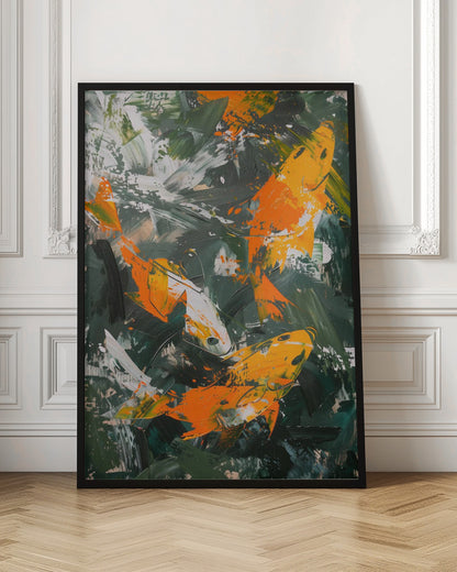 An abstract, vertical painting depicting several koi fish swimming amongst each other. The fish are rendered in bold strokes of orange, yellow, and white, set against a dark, expressive background of green and black brushstrokes. The painting has a textured, impasto style and is presented in a simple black frame. Decor