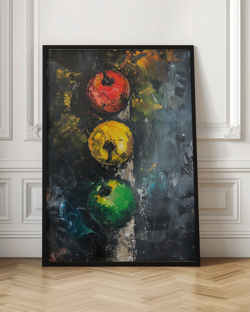 An abstract impasto painting of a traffic light. Three circles—red, yellow, and green—are aligned vertically against a dark, heavily textured background created with thick palette knife strokes. Wall Art