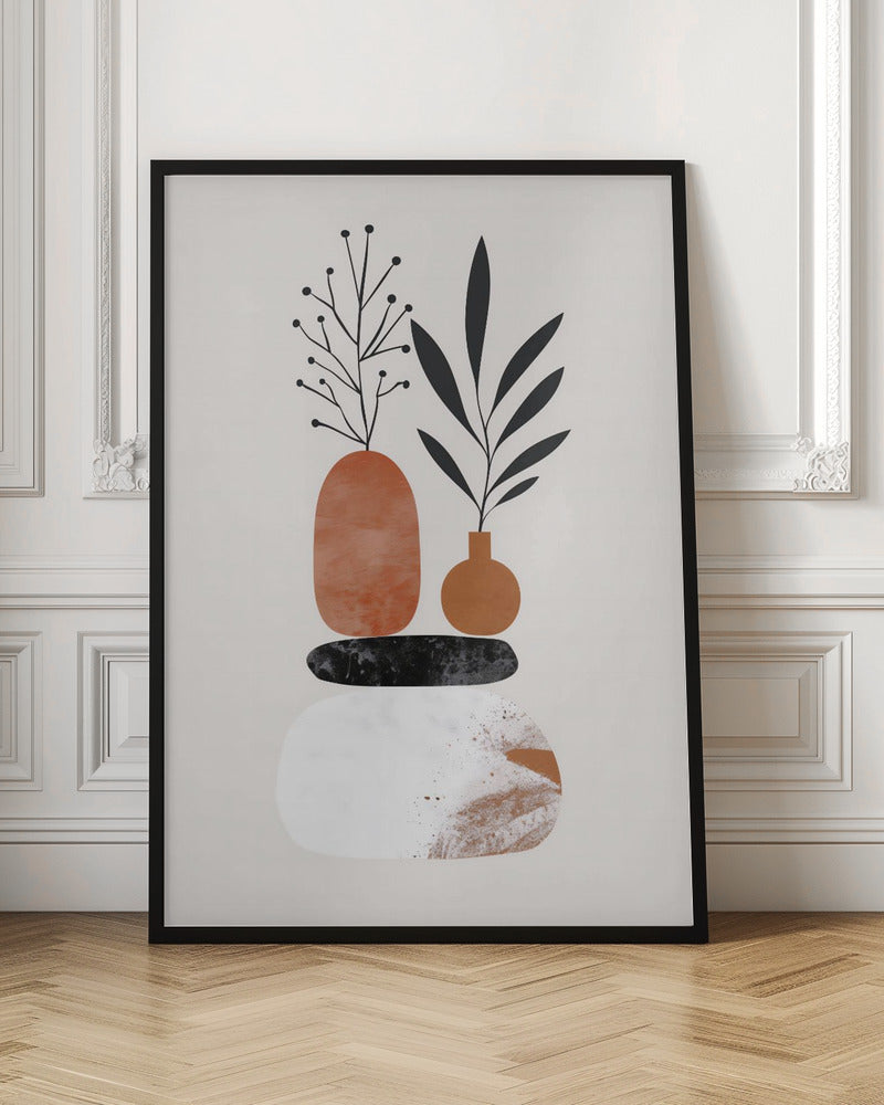 A minimalist abstract illustration featuring a balanced stack of organic shapes. At the bottom is a large white textured stone, followed by a flat black stone, and topped with two terracotta-colored vases. Stylized black plants with leaves and berries sprout from the vases against a light cream background. Wall Art