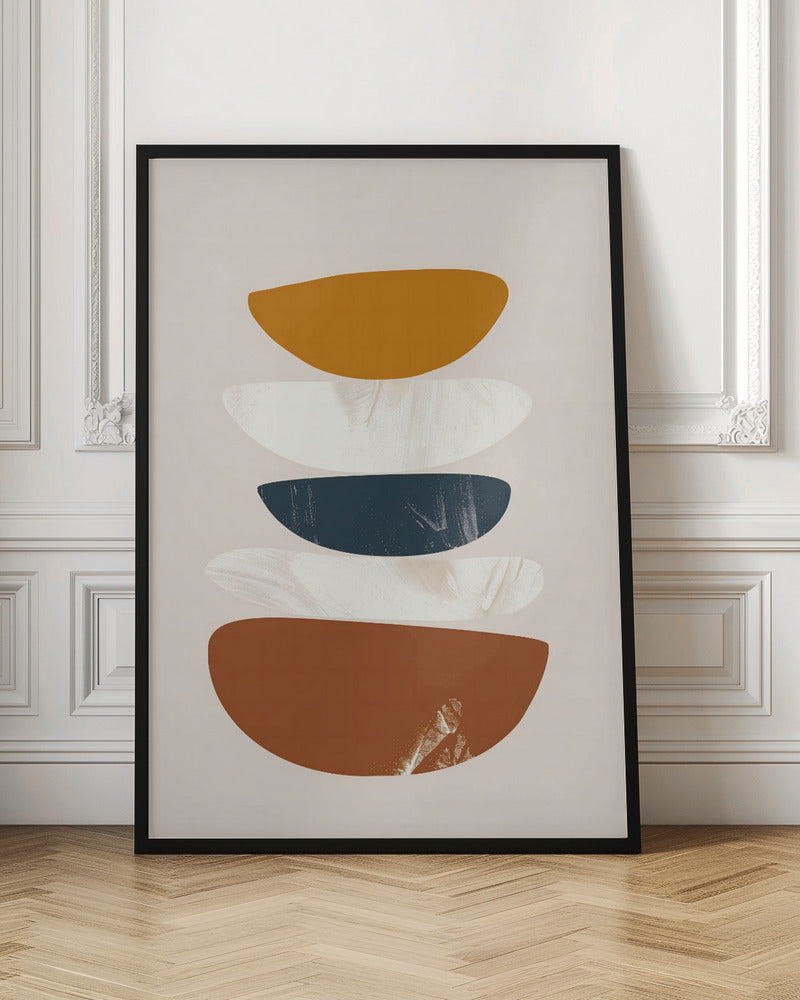 A framed abstract painting with a stack of five flattened, semi-circular shapes against a light beige background. From top to bottom, the shapes are colored mustard yellow, textured white, dark navy blue, textured white, and a larger rust brown. Wall Art
