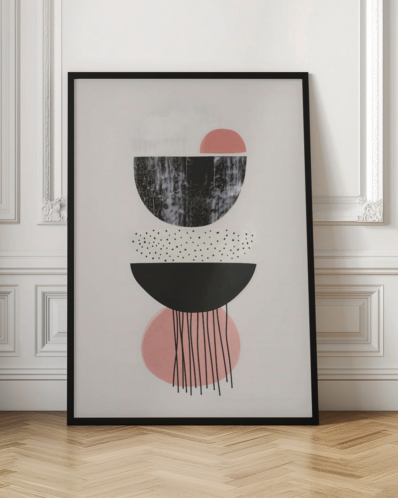 A framed modern abstract art piece with a vertical composition of stacked geometric shapes on a light cream background. The shapes include black and pink semi-circles, some with distressed or polka-dotted textures, and thin black lines dripping downwards from the bottom. Poster