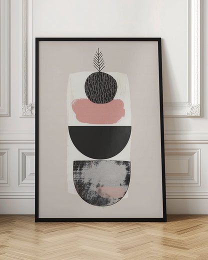 A modern abstract art piece with a vertical composition against a beige background. It features a stack of shapes: a textured black and grey semi-circle at the bottom, a solid black semi-circle, a splotch of muted pink paint, and a textured black circle at the top from which a simple black line drawing of a leaf emerges. The entire piece is in a black frame. Decor