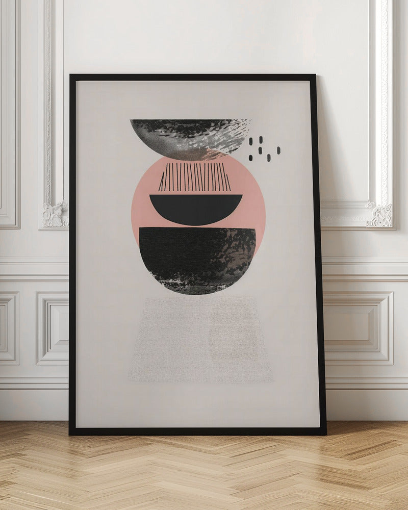 A framed modern abstract artwork with a vertical composition. On a cream background, a stack of geometric shapes in black and pink is depicted, featuring textured semi-circles, a large pink circle, and fine black lines, creating a balanced and minimalist design. Artwork