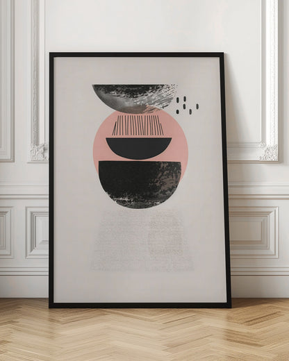 A framed modern abstract artwork with a vertical composition. On a cream background, a stack of geometric shapes in black and pink is depicted, featuring textured semi-circles, a large pink circle, and fine black lines, creating a balanced and minimalist design. Artwork