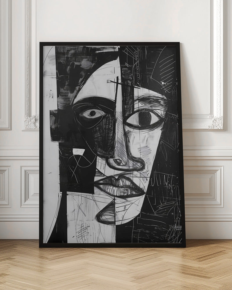 A striking black and white abstract portrait of a face, rendered in a cubist-inspired style. The features are fragmented and asymmetrical, with bold black shapes contrasting against white areas filled with expressive, sketchy linework, creating a powerful and dramatic composition. Poster