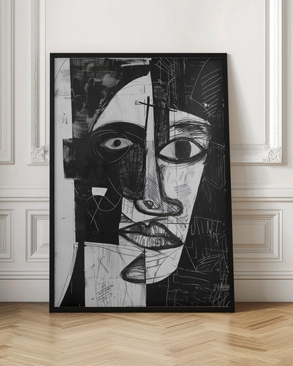 A striking black and white abstract portrait of a face, rendered in a cubist-inspired style. The features are fragmented and asymmetrical, with bold black shapes contrasting against white areas filled with expressive, sketchy linework, creating a powerful and dramatic composition. Poster