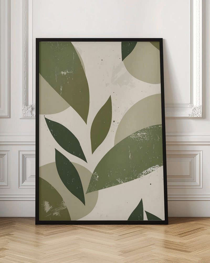 A framed abstract artwork featuring a collage of stylized leaf shapes in various shades of green, including olive and sage. The shapes overlap against a light beige background, and the entire piece has a distressed, textured finish with small black speckles. The composition is modern and botanical. Decor