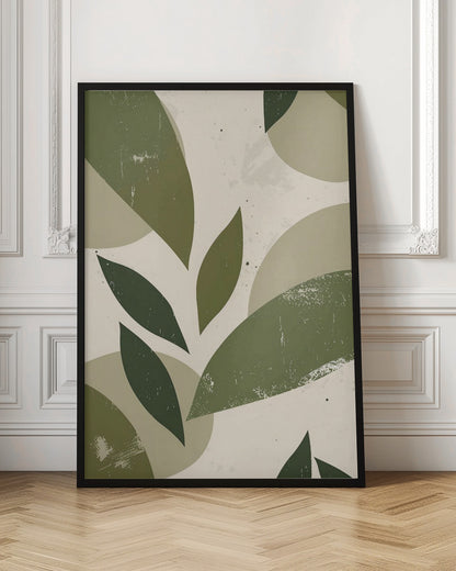 A framed abstract artwork featuring a collage of stylized leaf shapes in various shades of green, including olive and sage. The shapes overlap against a light beige background, and the entire piece has a distressed, textured finish with small black speckles. The composition is modern and botanical. Decor
