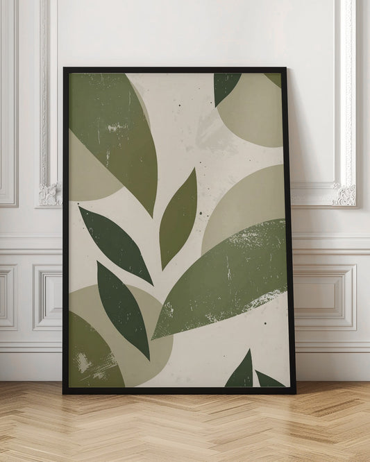 A framed abstract artwork featuring a collage of stylized leaf shapes in various shades of green, including olive and sage. The shapes overlap against a light beige background, and the entire piece has a distressed, textured finish with small black speckles. The composition is modern and botanical. Decor