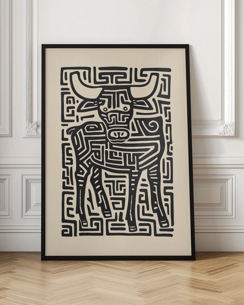 A stylized black and cream artwork of a bull, where the animal and its background are formed by a single, continuous maze-like or labyrinthine pattern of thick black lines on a cream-colored paper, enclosed in a thin black frame. Print